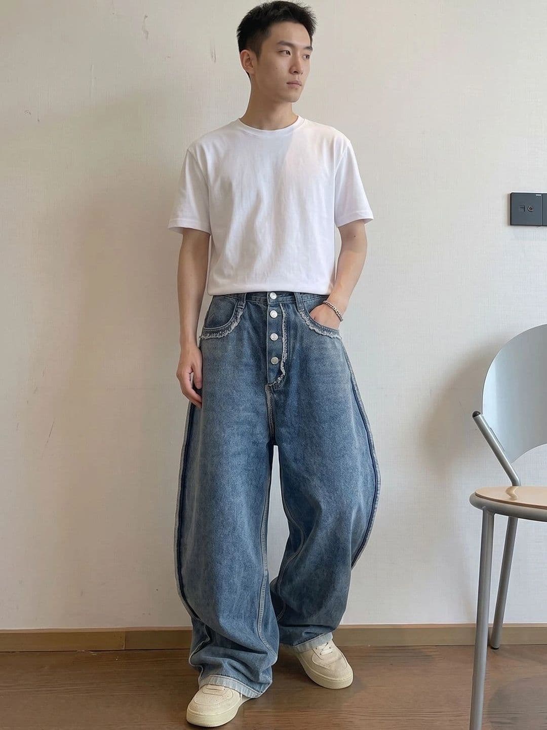 StyleCast x Revolte Men Wide Leg Mid-Rise Low Distress Heavy Fade Jeans - view 1