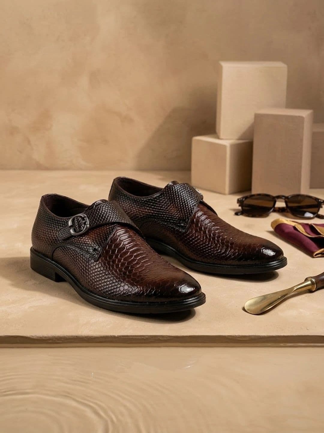 House of Pataudi Men Textured Buckle Monk Shoes Formal Shoes - view 1