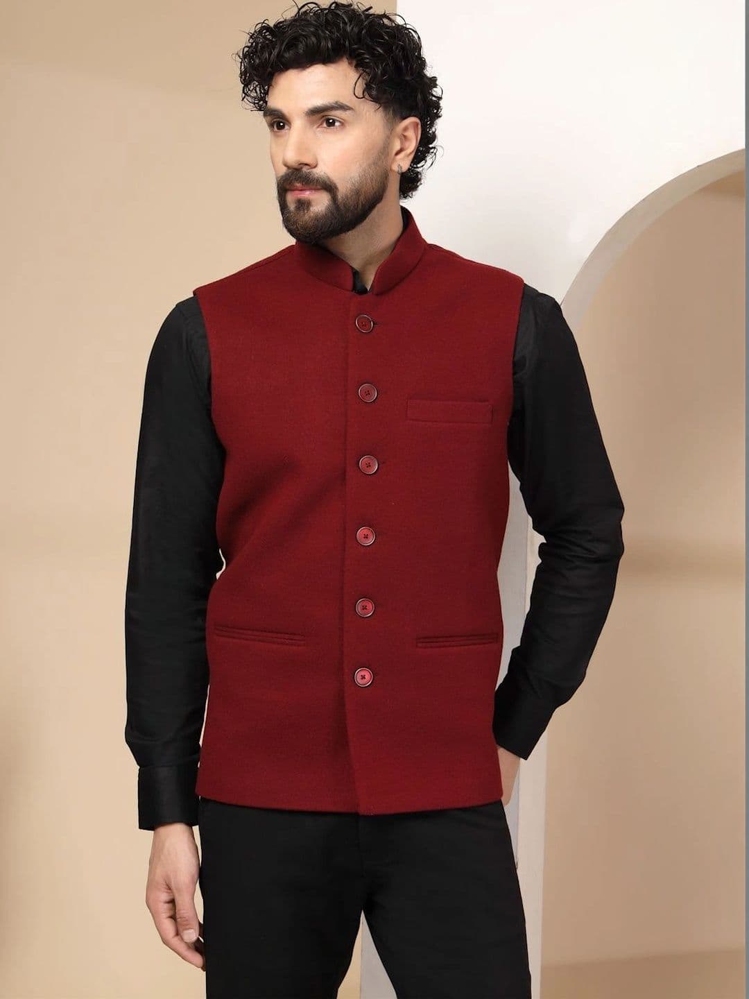 DEIFIC Mandarin Collar Woven Nehru Jacket - view 1