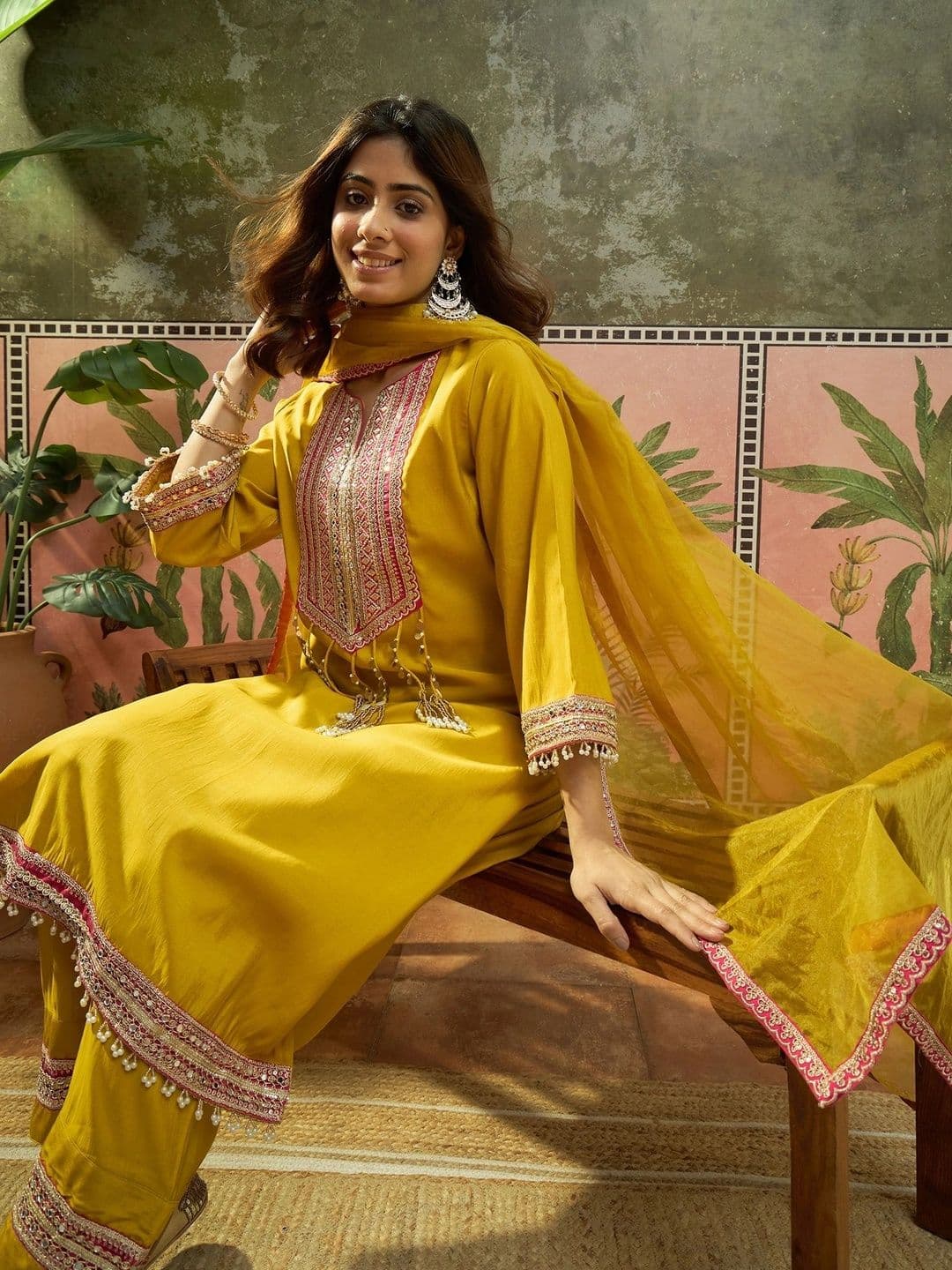 Sangria Women Ethnic Motifs Embroidered Regular Thread Work Kurta with Trousers & With Dupatta - view 1
