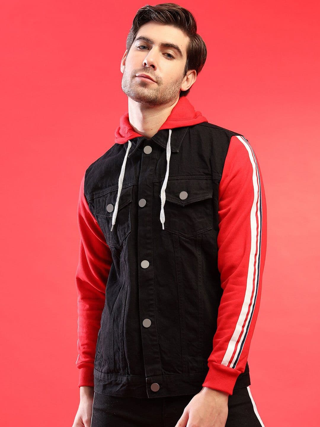 CAHOOT Men Black Red Colourblocked Lightweight Denim Jacket - view 1
