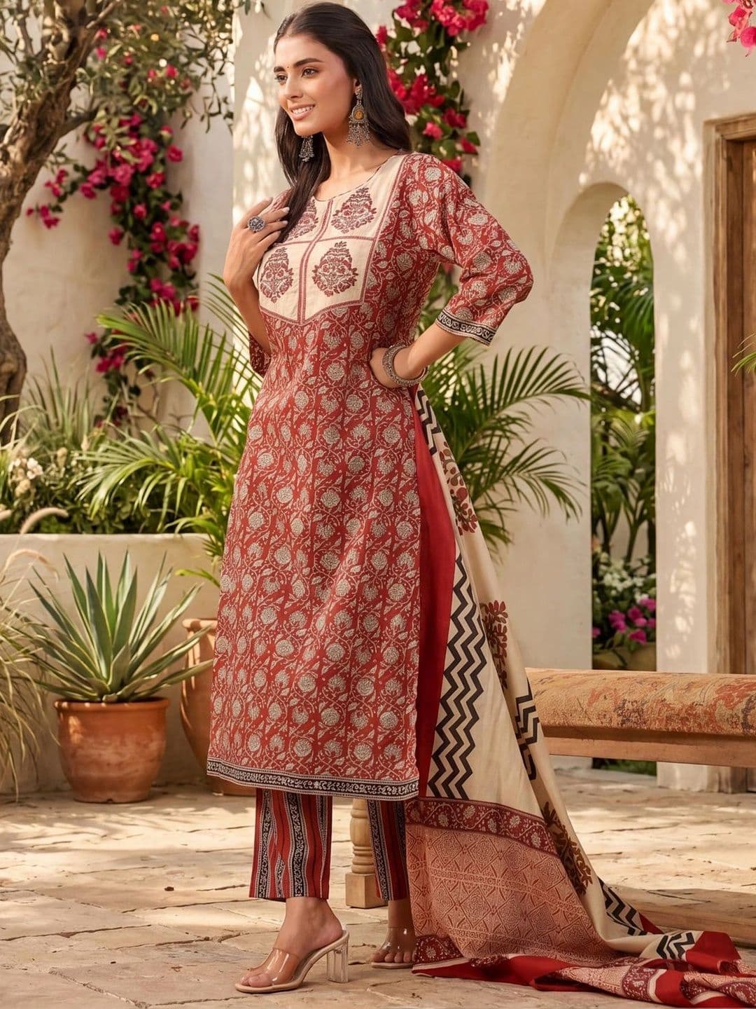 Rain & Rainbow Women Ethnic Motifs Printed Regular Thread Work Pure Cotton Kurta with Trousers & With Dupatta - view 1