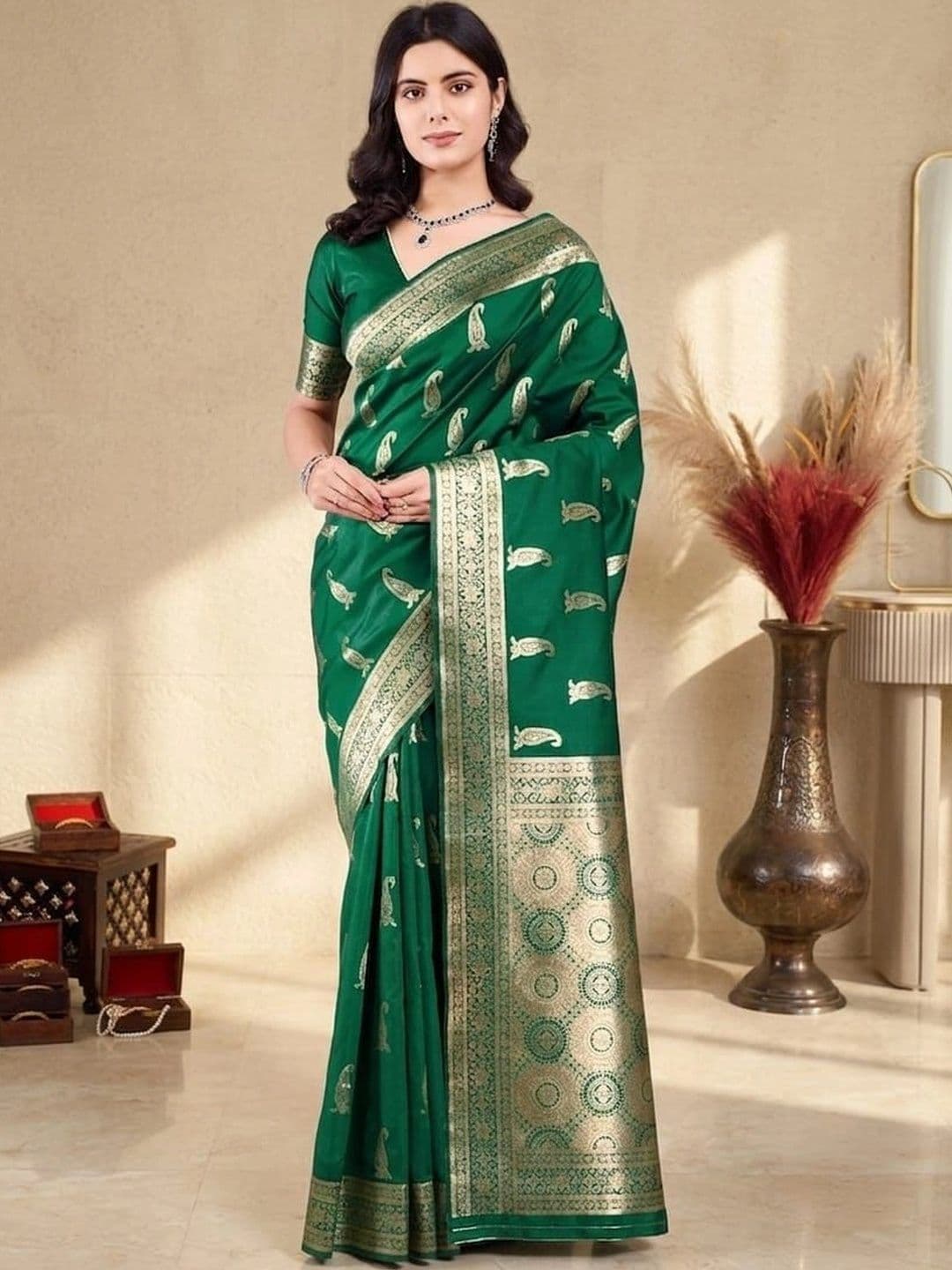 SOURAGYA Ethnic Motifs Zari Silk Blend Banarasi Saree - view 1