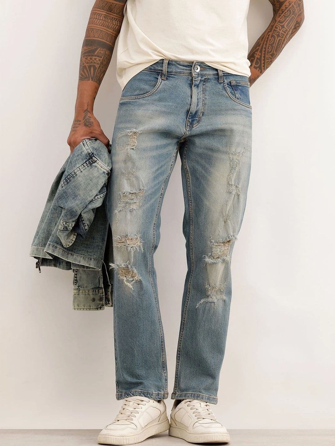 WROGN Men Anti Relaxed Fit High-Rise Highly Distressed Light Fade Stretchable Jeans - view 1