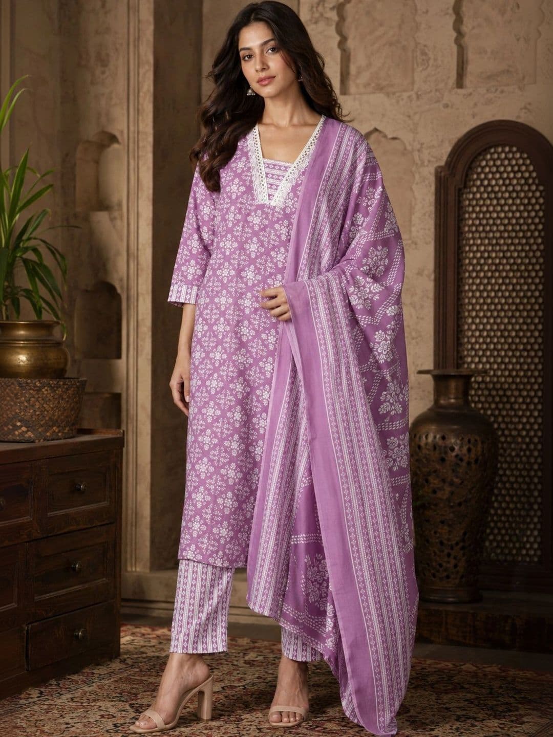 Bunai Women Ethnic Motifs Printed Regular Kurta with Trousers & With Dupatta - view 1