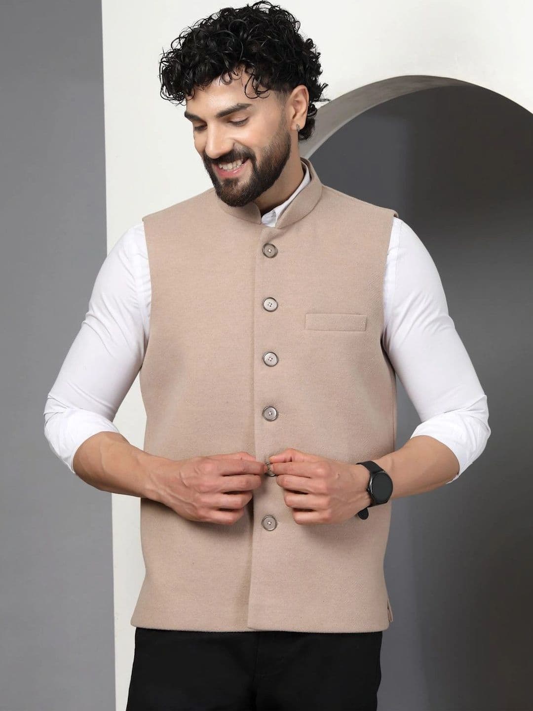 Vastraa Fusion Woven Mandarin Collar Nehru Jackets - view 1