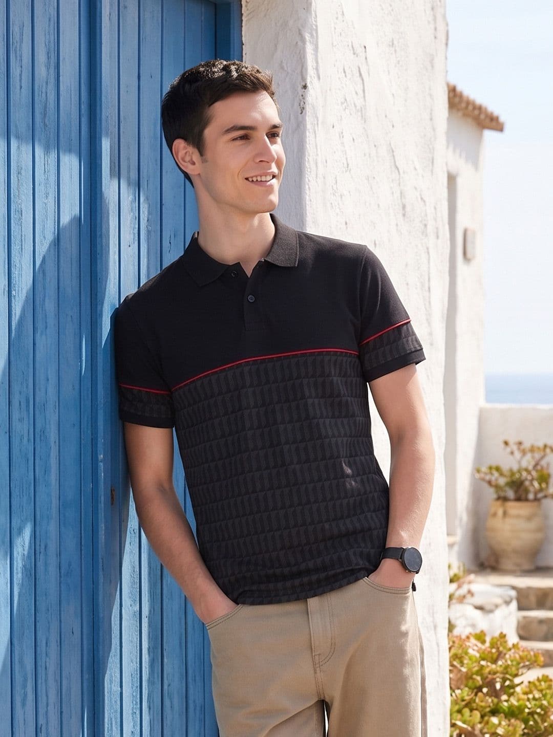 Mast & Harbour Polo Collar Geometric Printed Pure Cotton T-shirt - view 1