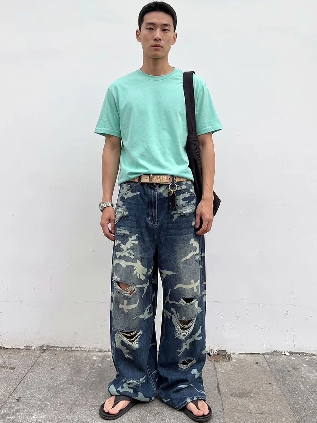 StyleCast x Revolte Men Wide Leg Mid-Rise Low Distress Heavy Fade Printed Jeans - view 1