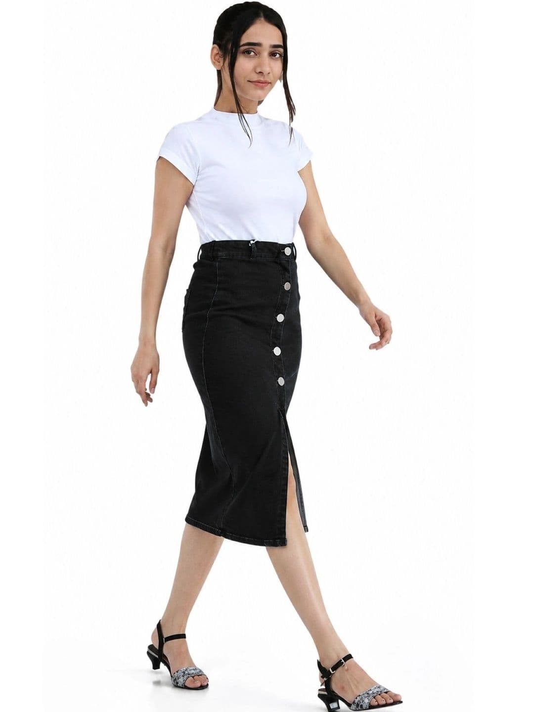 Tripursundari Fashion Women Denim Front Slit Midi Straight Skirt - view 1