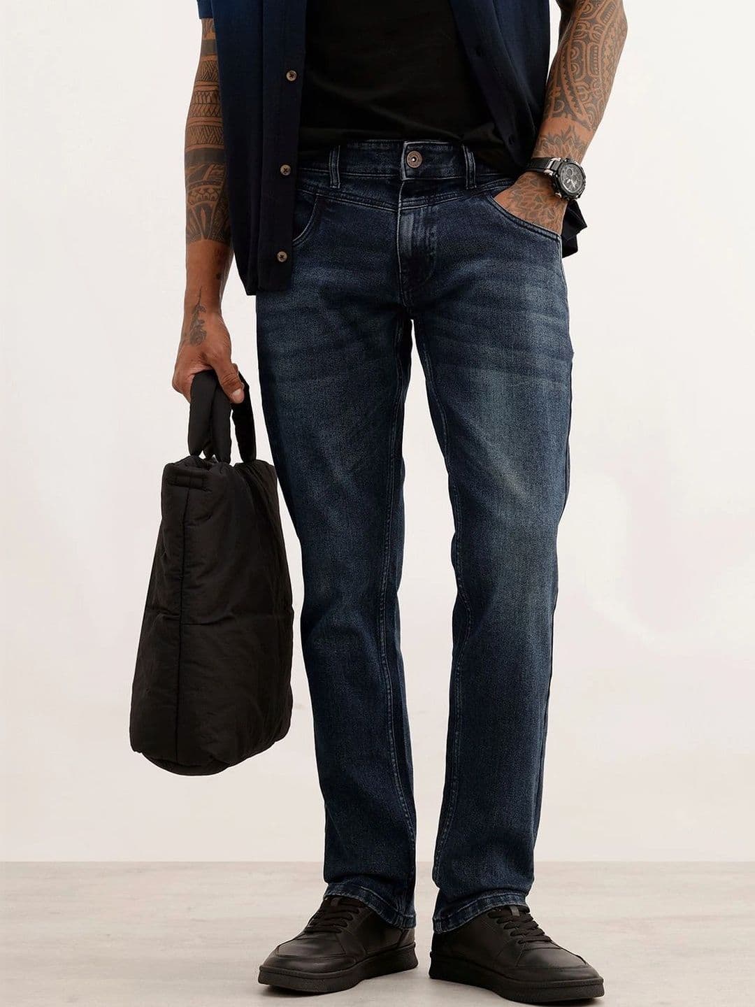 WROGN Men Straight Fit High-Rise Low Distress Light Fade Stretchable Jeans - view 1