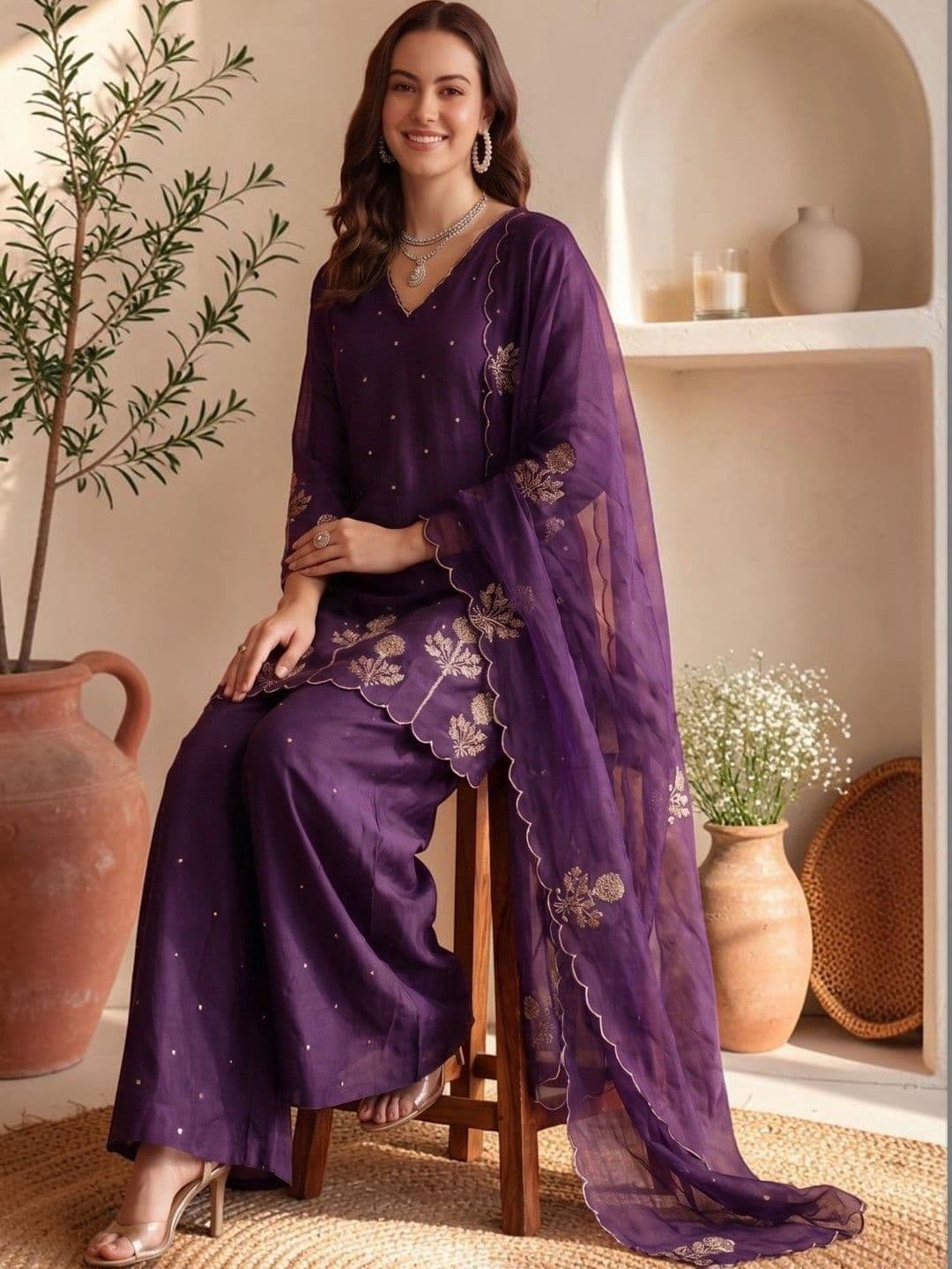 Sangria Women Ethnic Motifs Embroidered Regular Thread Work Chanderi Silk Kurta with Palazzos & With Dupatta - view 1