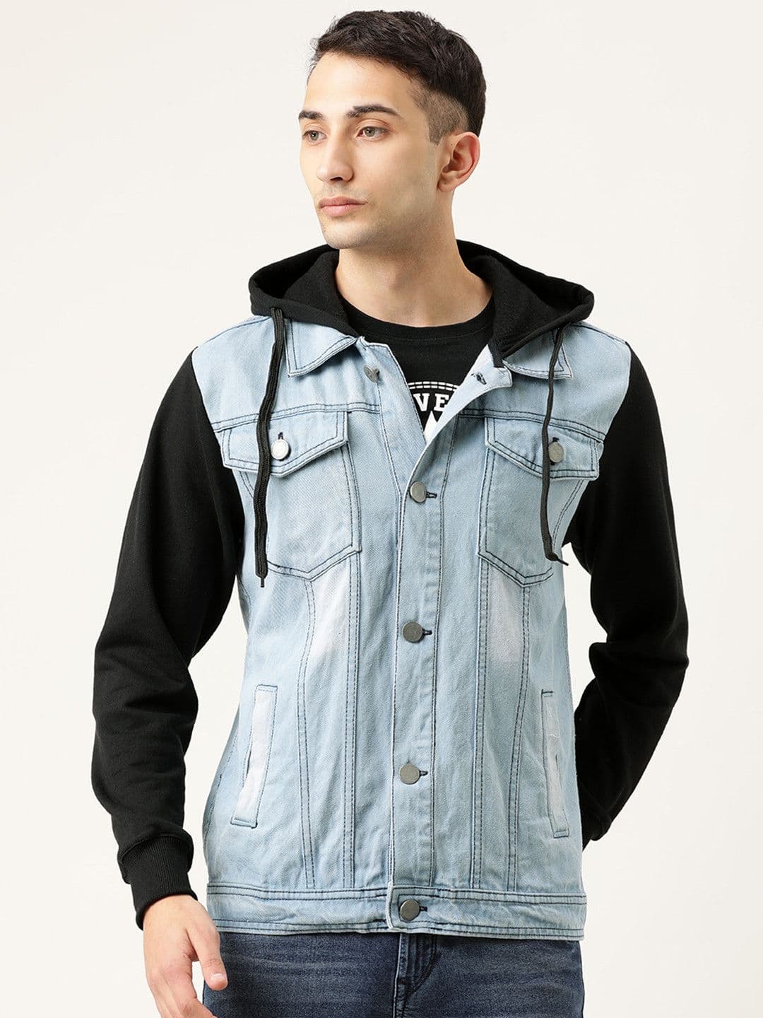 CAHOOT Men Blue Washed Denim Jacket With Contrast Sleeves - view 1