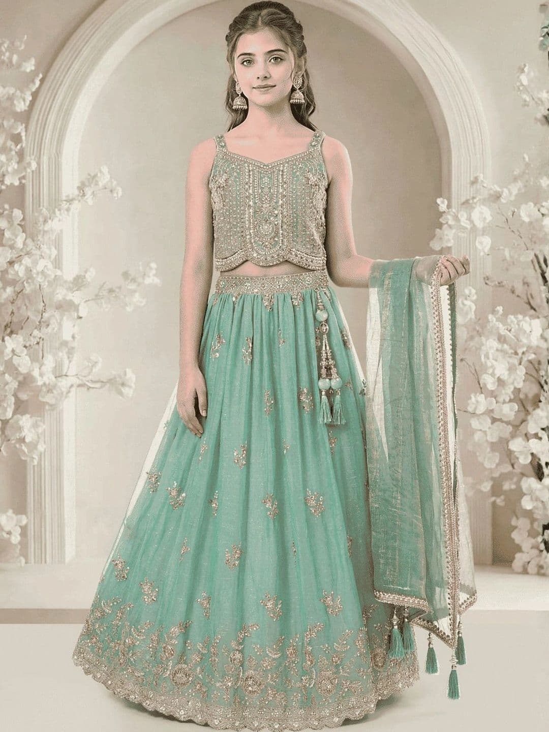 Bonie Collections Girls Embellished Sequinned Ready to Wear Lehenga & Blouse With Dupatta - view 1