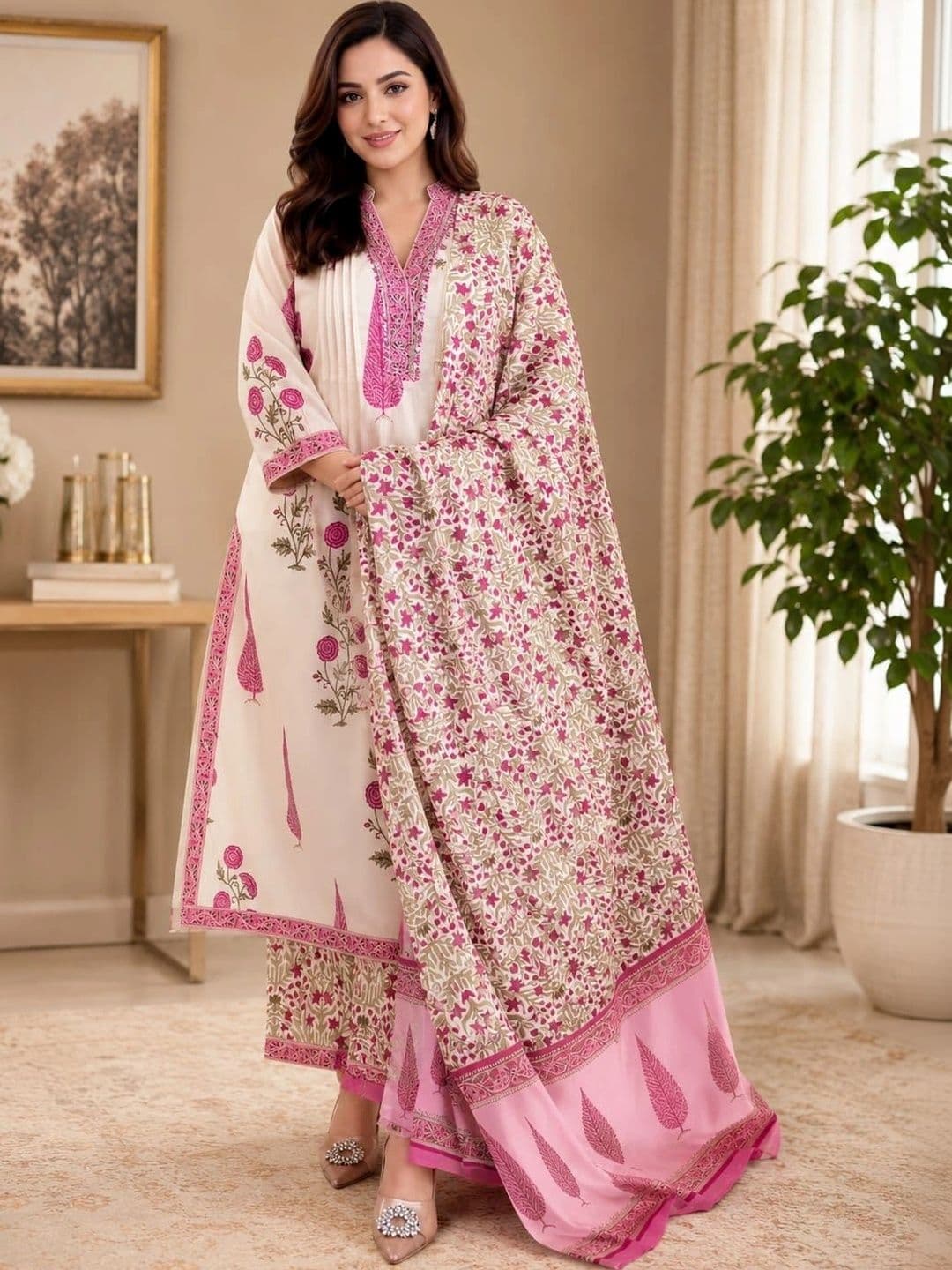 MARIONETTEFASHION Women Floral Printed Regular Pure Cotton Kurta with Palazzos & With Dupatta - view 1
