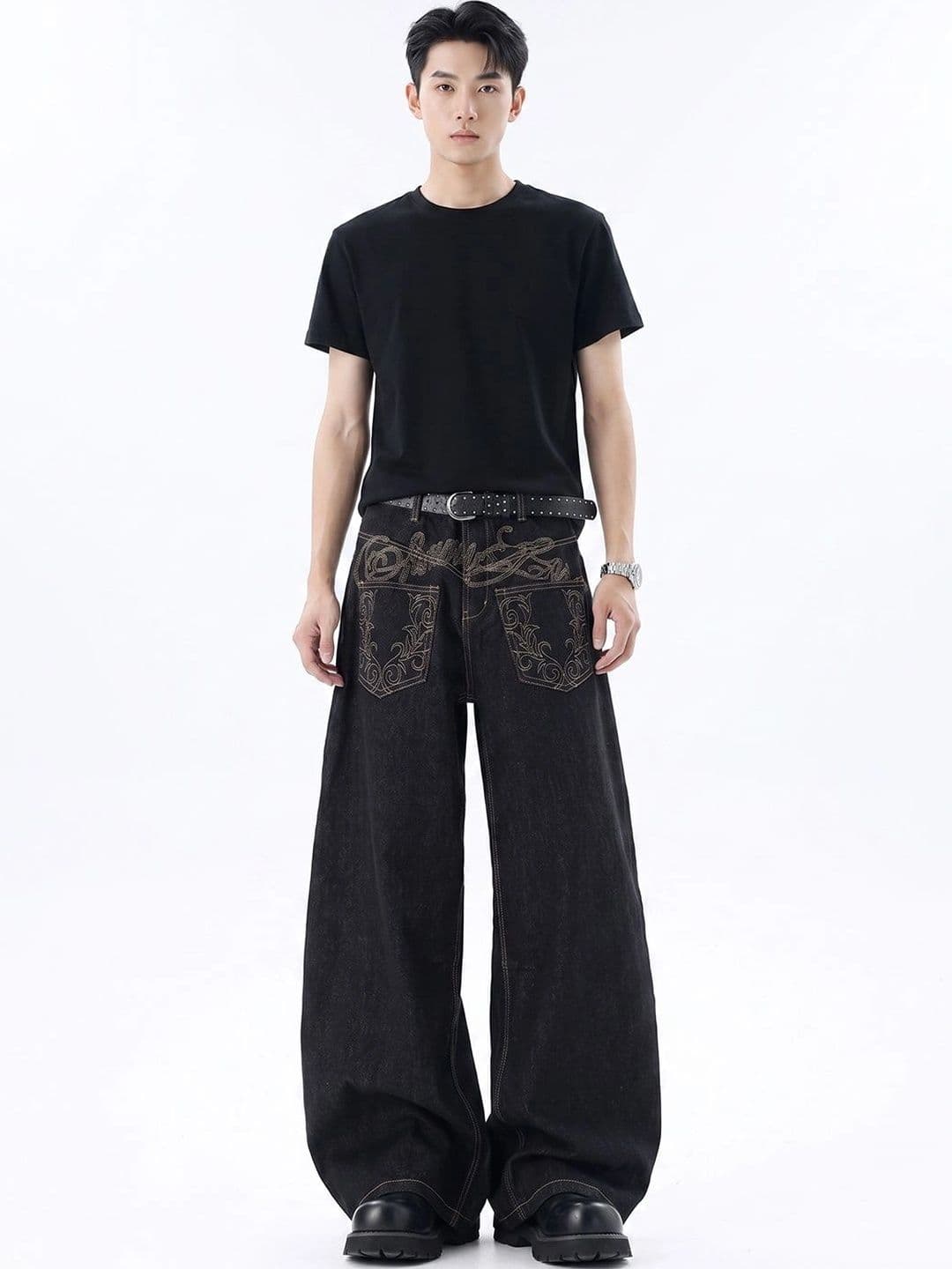 StyleCast x Revolte Men Wide Leg Mid-Rise Heavy Fade Embroidered Jeans - view 1