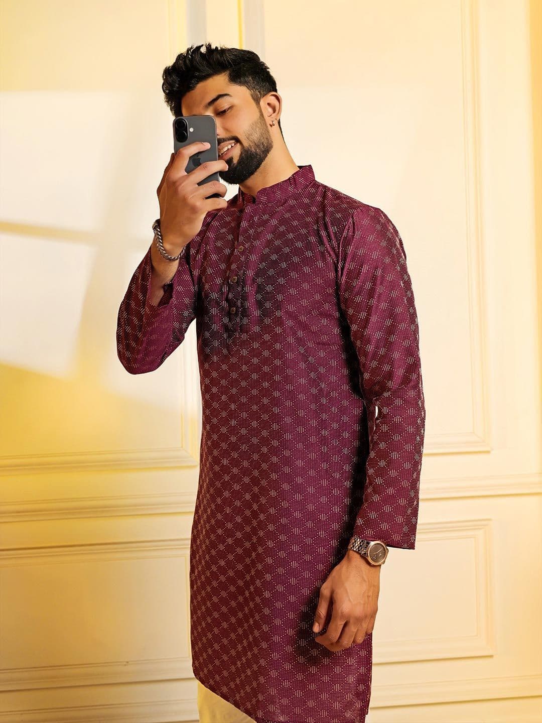 Koshin Geometric Woven Design Mandarin Collar Kurta - view 1
