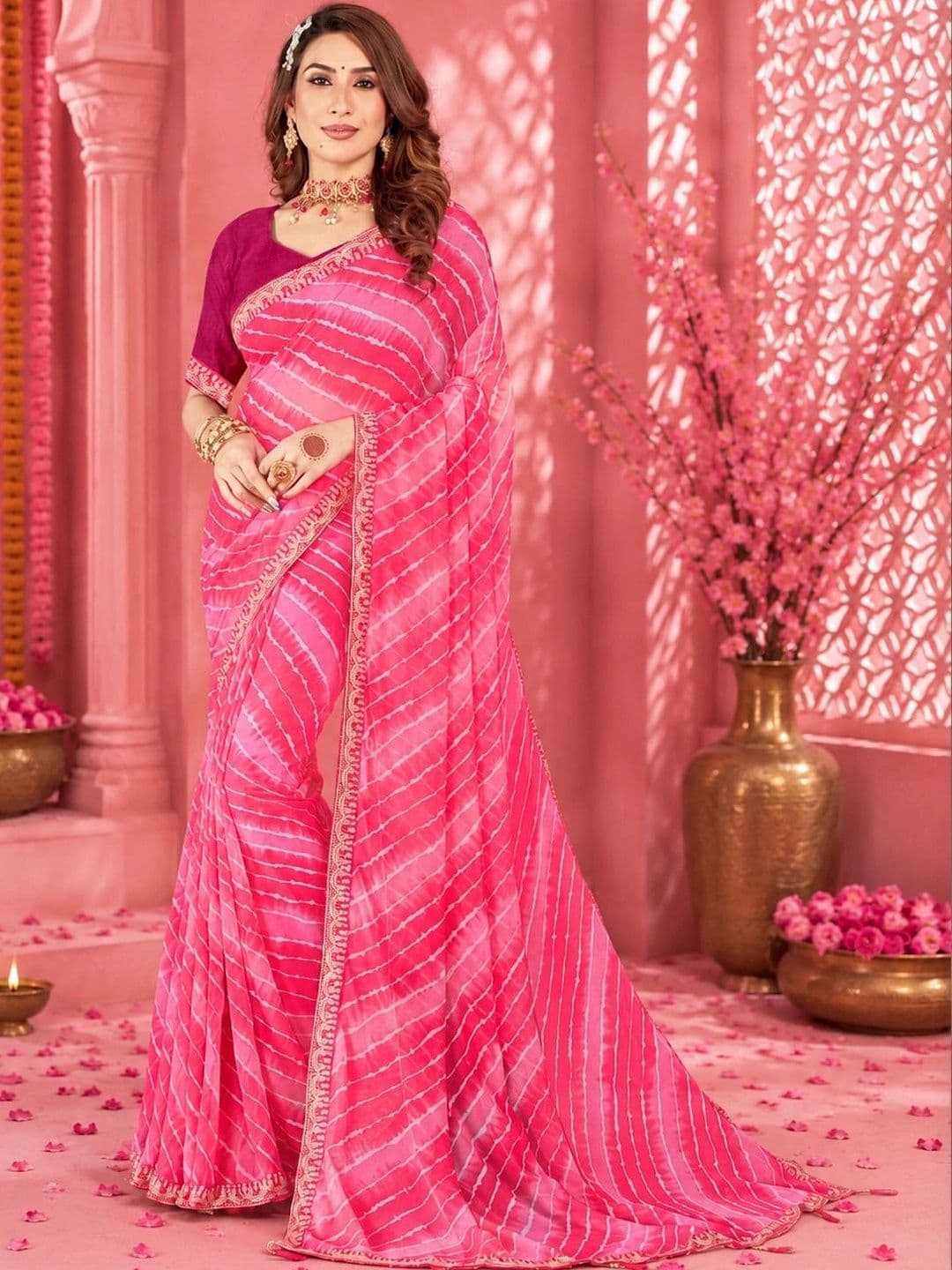 TINA FASHION Leheriya Embroidered Poly Georgette Fusion Leheriya Saree - view 1