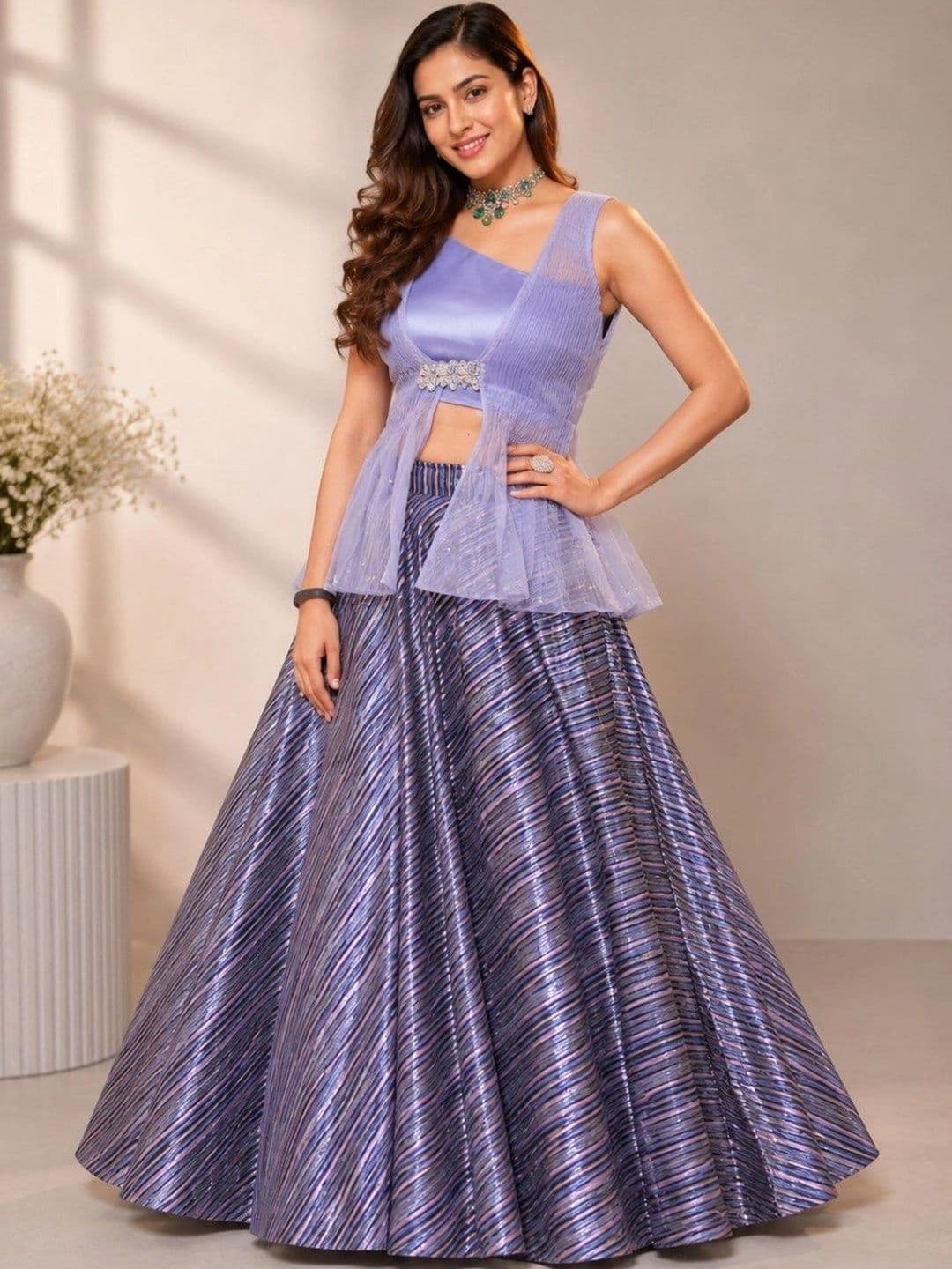 Memsahib Women Metallic Lavender Stitched Lehenga & Designer Top and Jacket - view 1