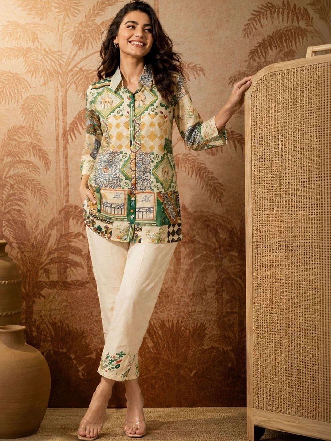 Sangria Bohemian Linen Printed Shirt with Trousers - view 1