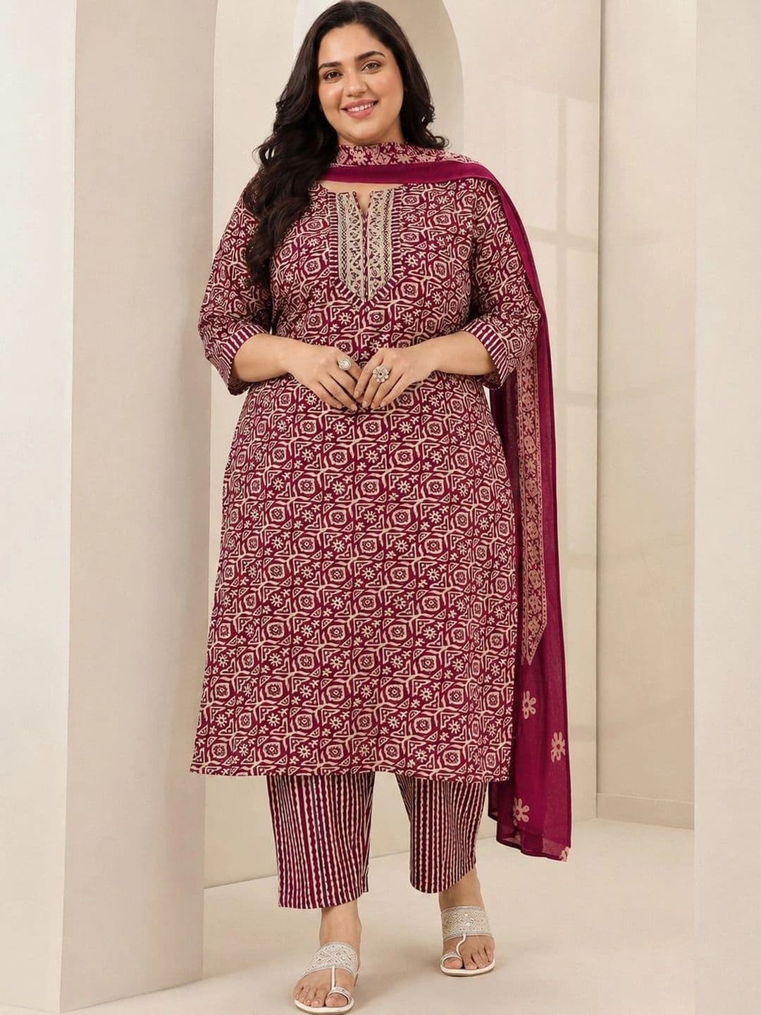EXTRA LOVE BY LIBAS Plus Size Maroon Printed Cotton Blend Straight Suit Sets With Dupatta - view 1
