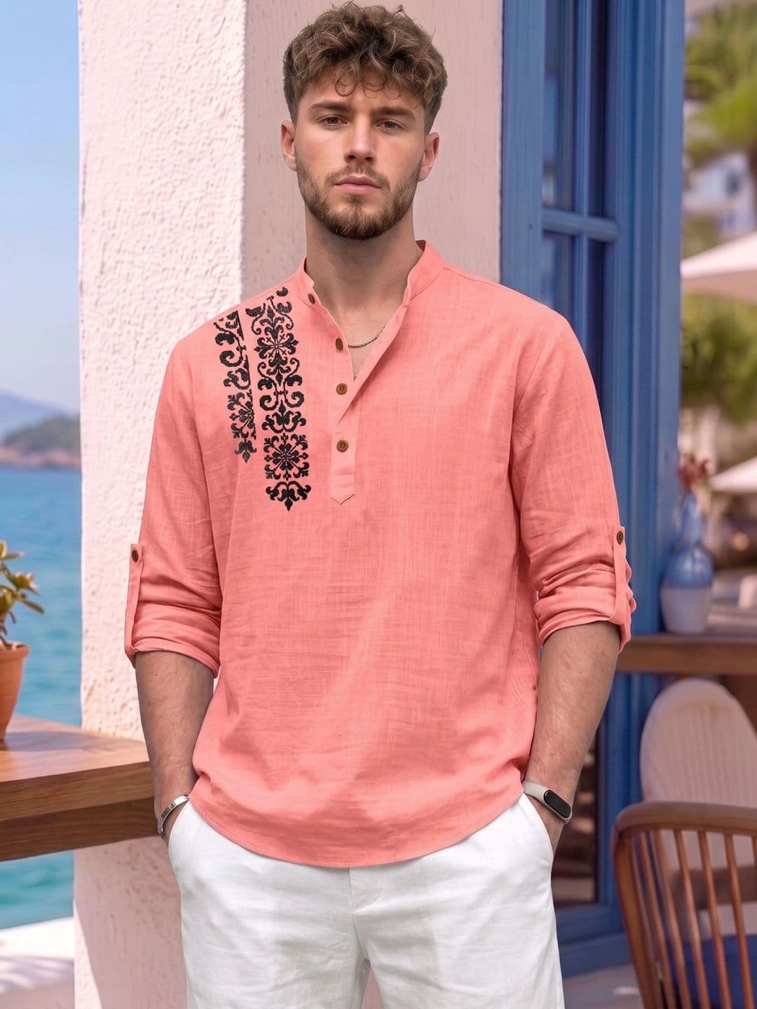 FINIVO FASHION Men Floral Printed Mandarin Collar Roll-Up Sleeves Short Kurta - view 1