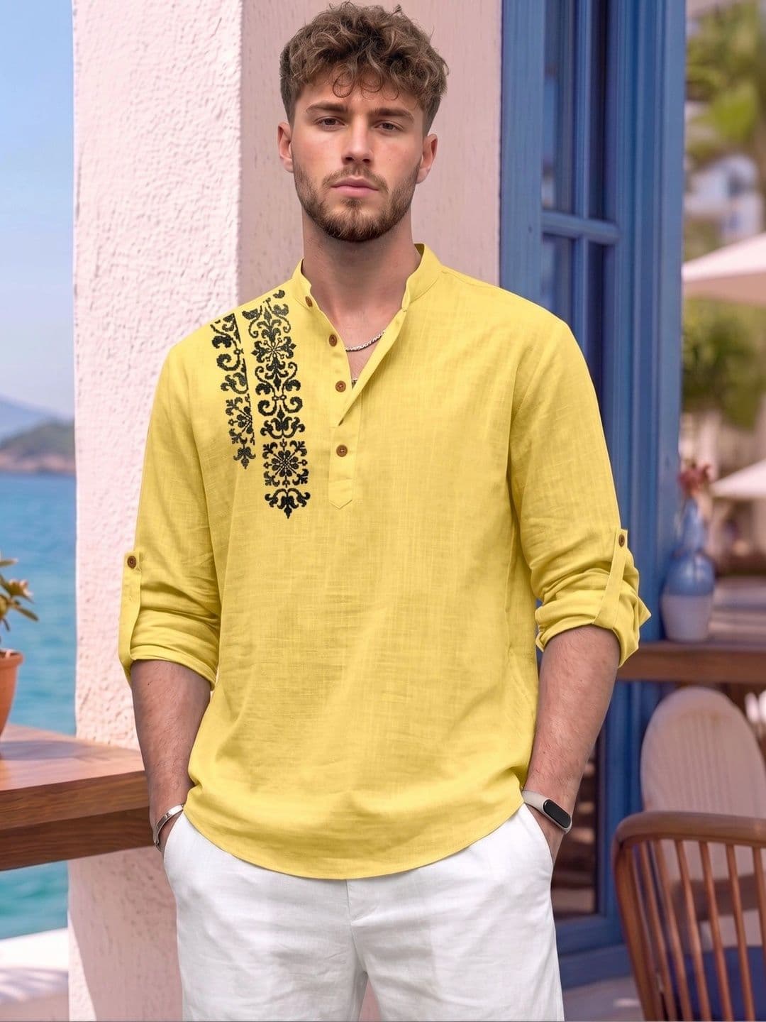 FINIVO FASHION Men Floral Printed Mandarin Collar Roll-Up Sleeves Short Kurta - view 1