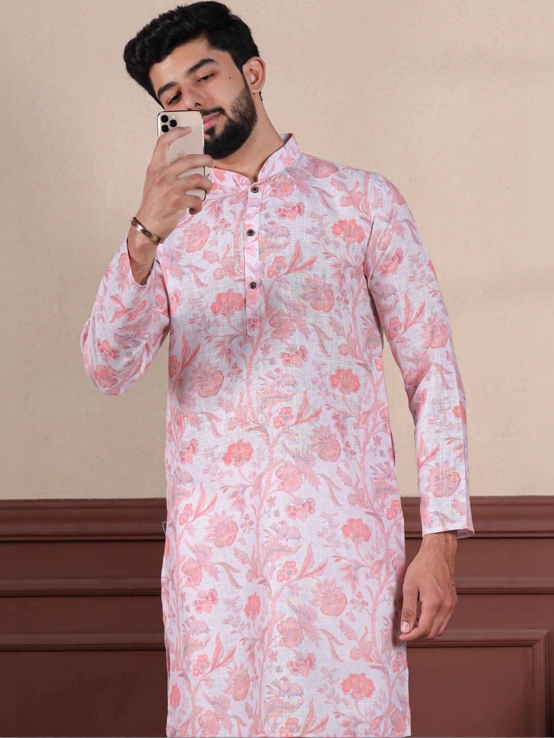 Koshin Floral Printed Mandarin Collar Linen Straight Kurta - view 1