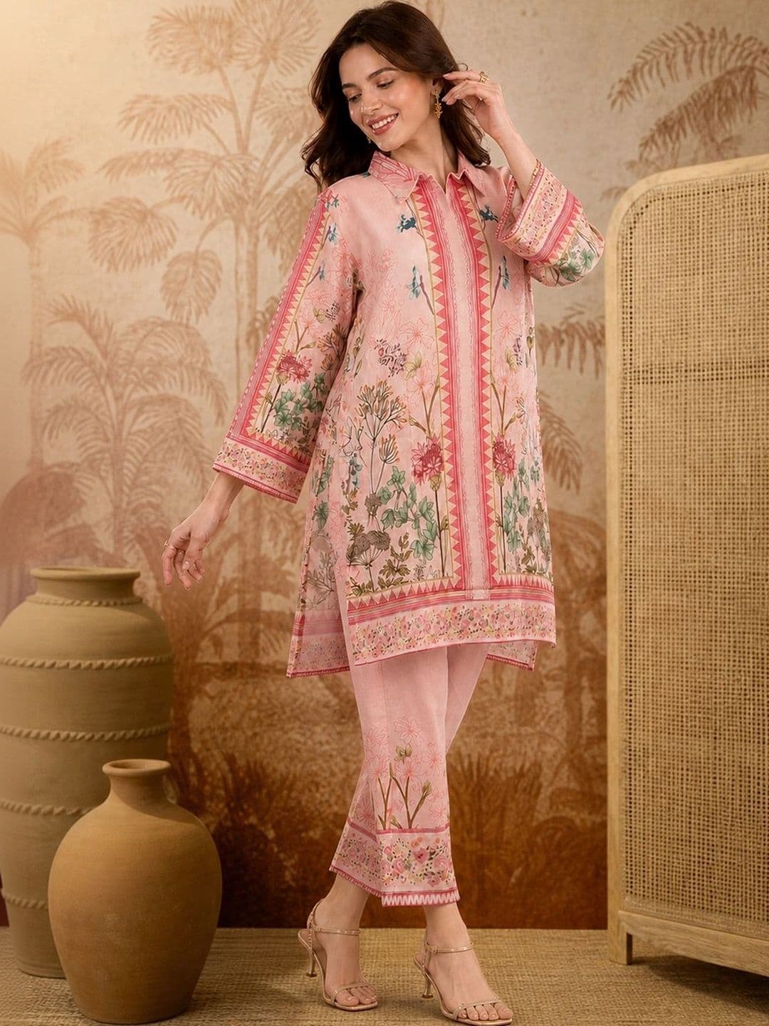Sangria Floral Linen Printed Tunic with Trousers - view 1