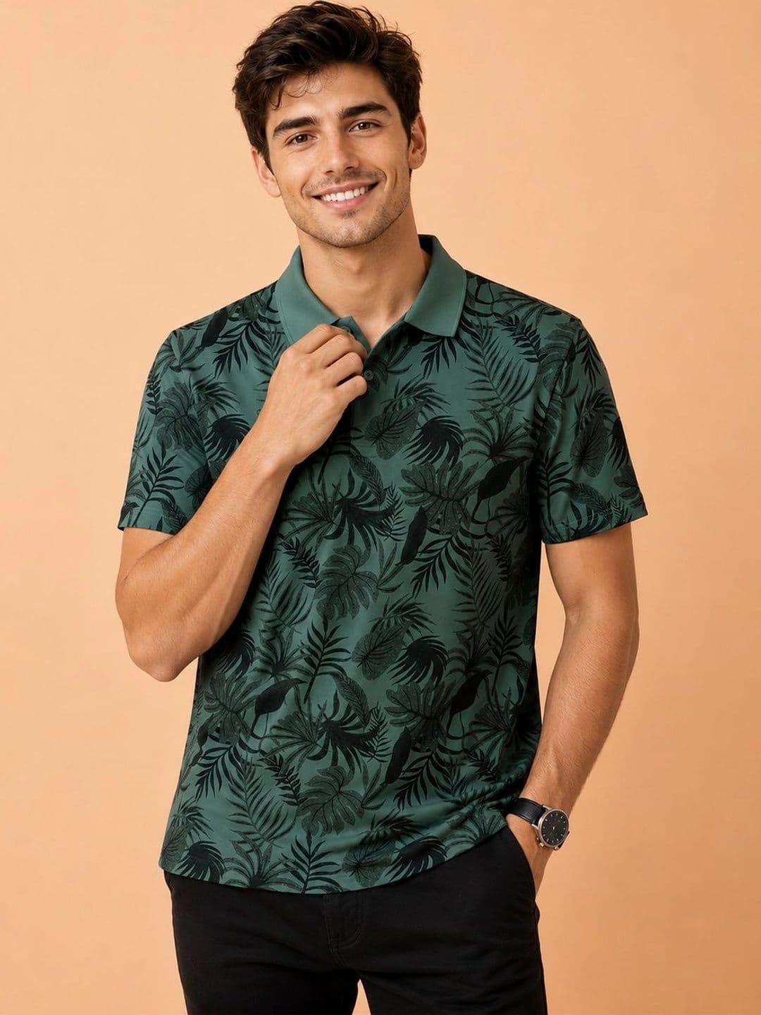 SZN Men Floral Printed Polo Collar Tropical T-shirt - view 1