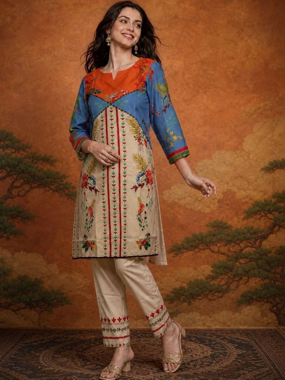 Sangria Floral Linen Printed Tunic with Trousers - view 1