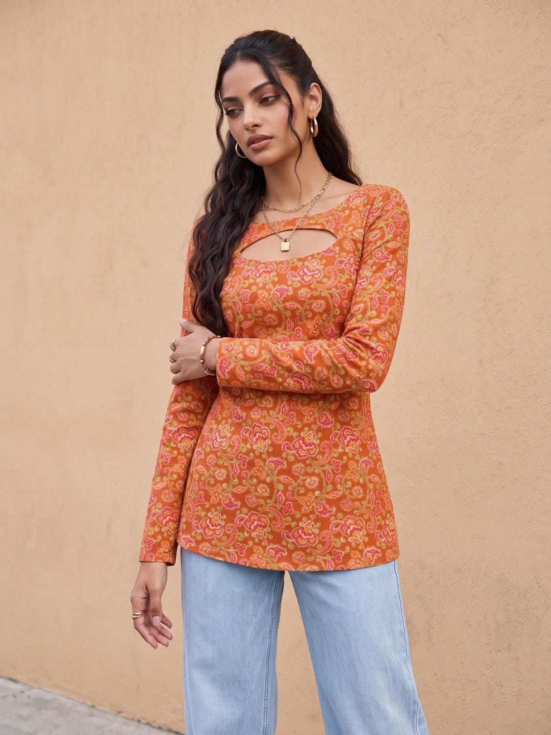 fusion by glitchez Cut-Out Detail Floral Printed Kurti - view 1