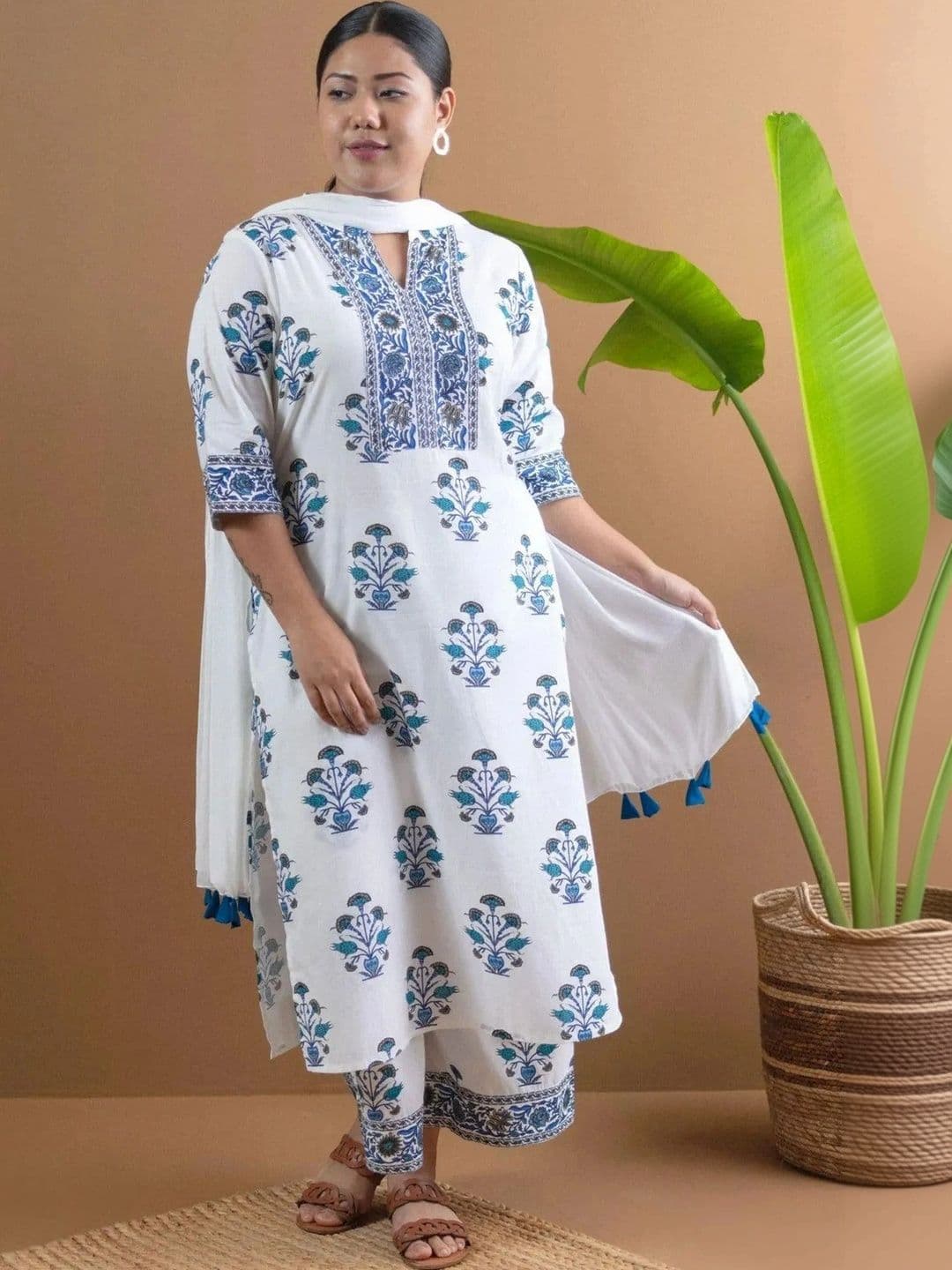 EXTRA LOVE BY LIBAS Plus Size White Printed Cotton Straight Kurta With Palazzos & Dupatta - view 1