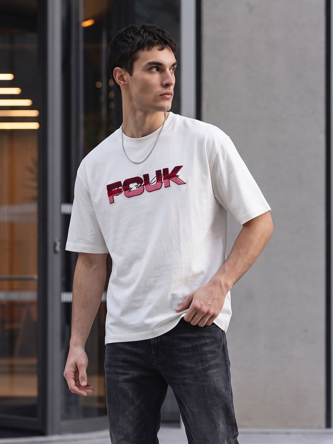 FCUK Brand Logo Embroidered Drop-Shoulder Sleeves Pure Cotton Relaxed Fit T-shirt - view 1