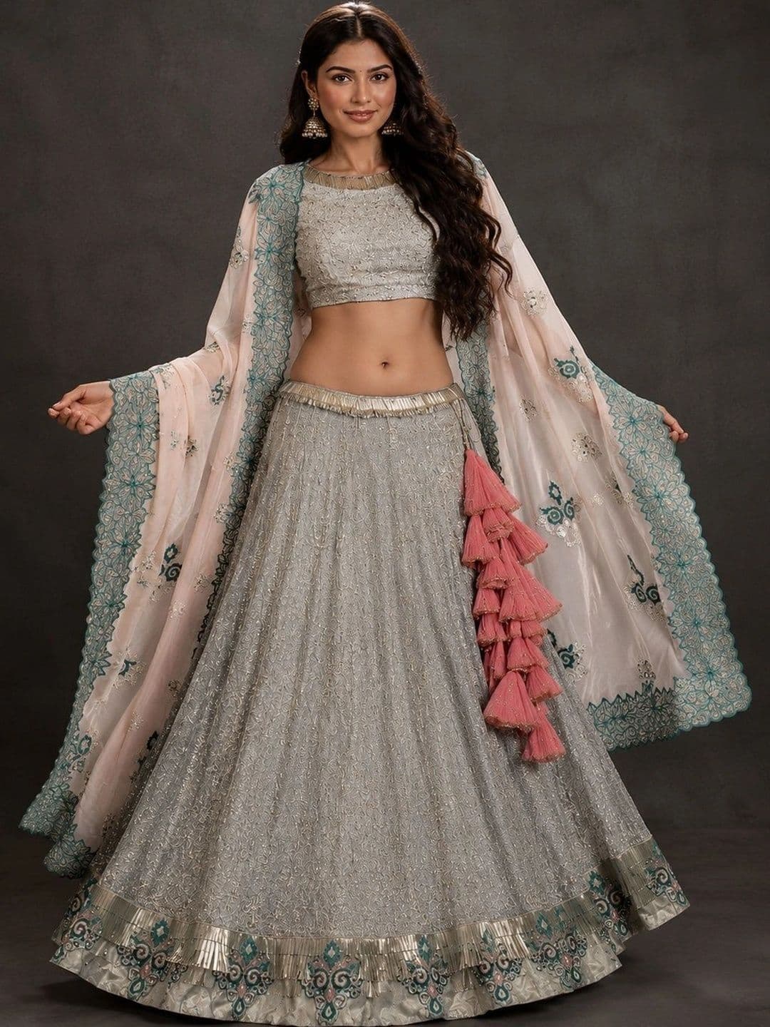 Memsahib Grey Embroidered Lehenga Set with Blouse & Elegant Dupatta - view 1