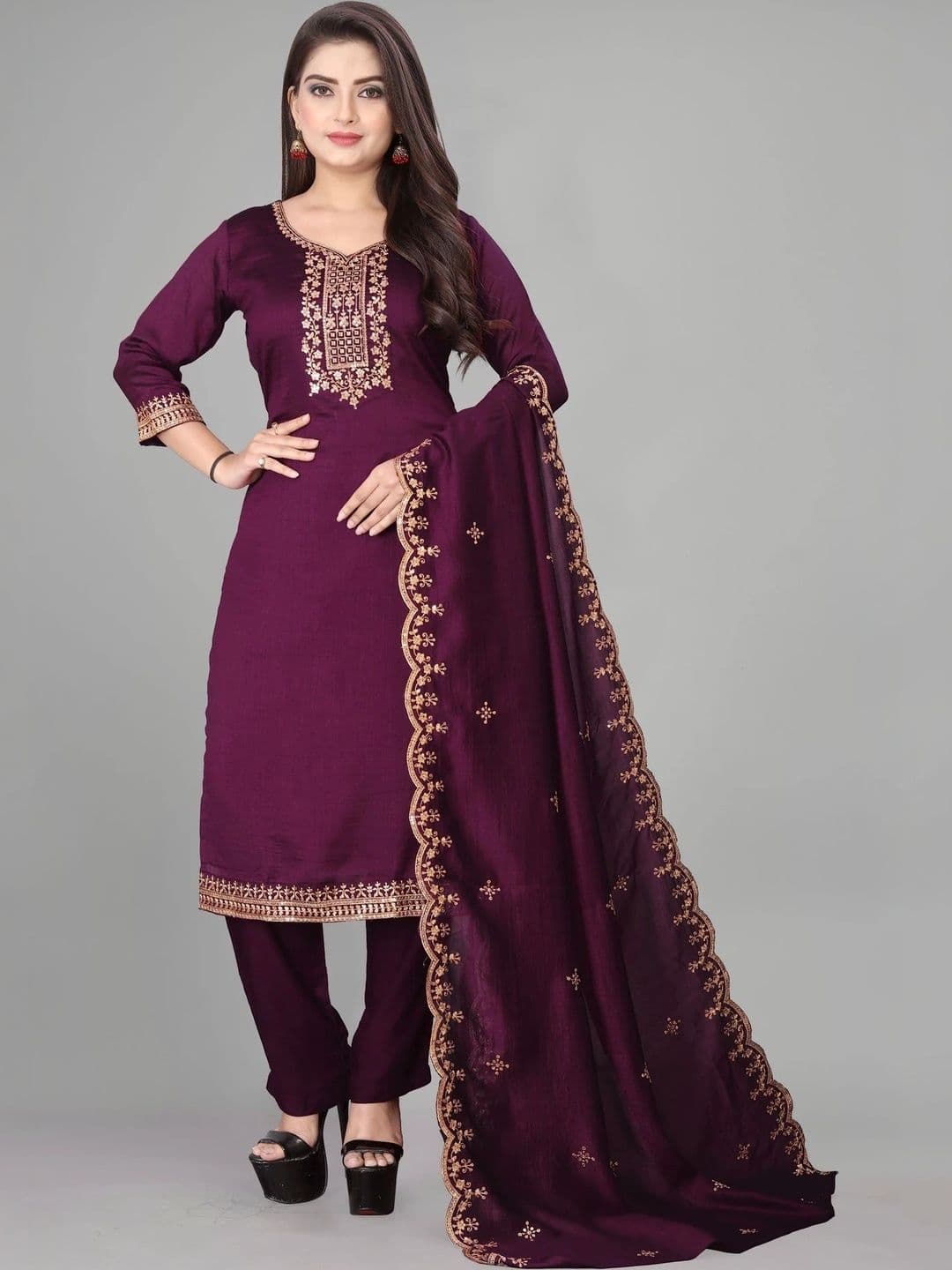 PAVANPUTRA FAB Women Ethnic Motifs Embroidered Regular Thread Work Kurta with Trousers & With Dupatta - view 1