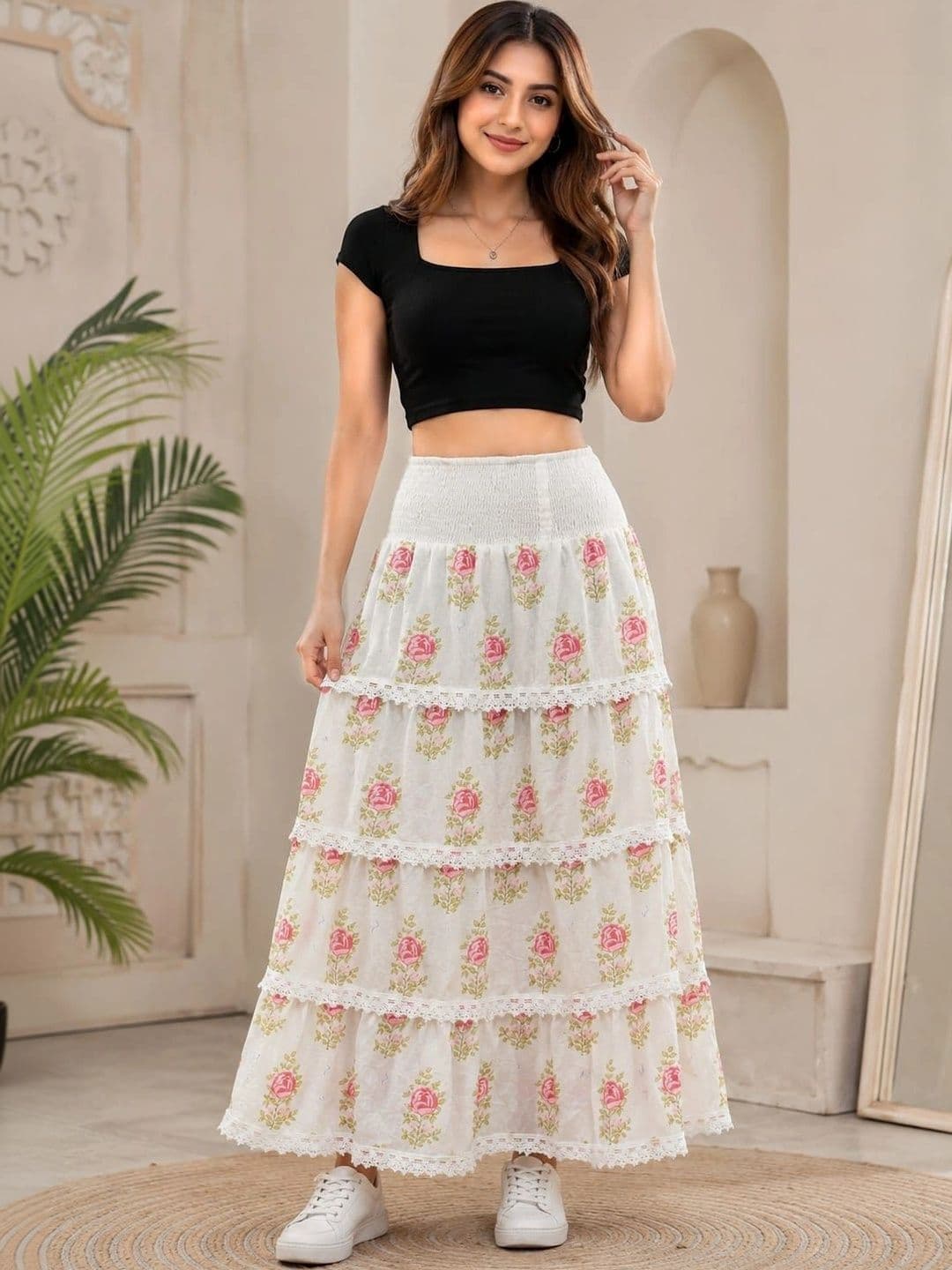 TYLAENT Women Cotton Floral Maxi Tiered Skirt - view 1
