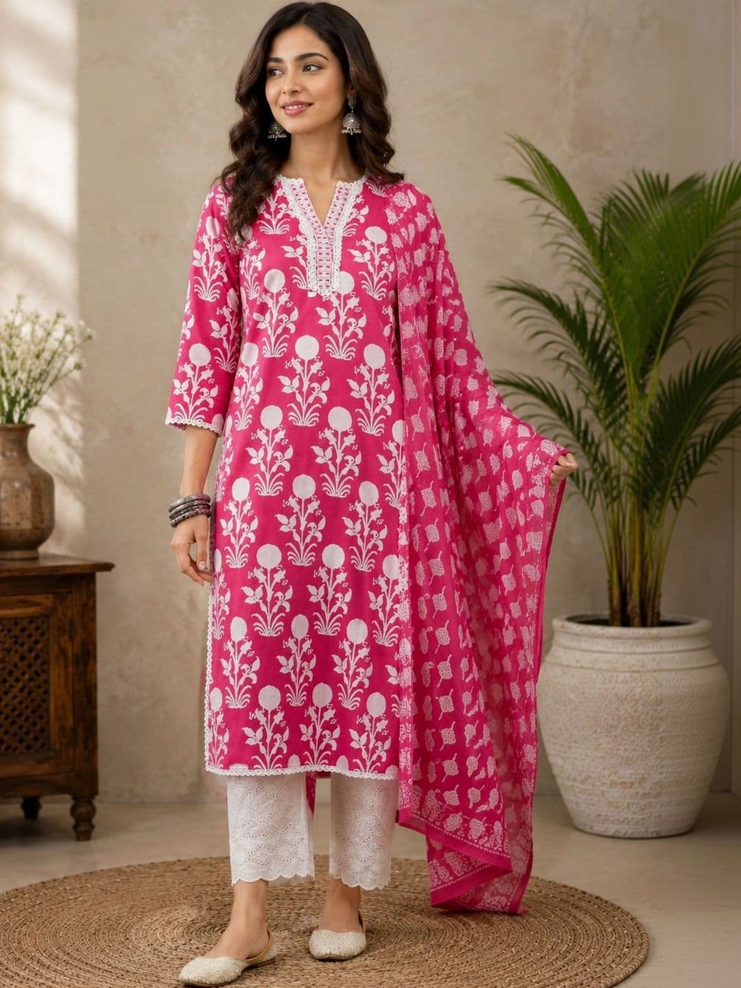 Sangria Women Floral Printed Regular Pure Cotton Kurta with Palazzos & With Dupatta - view 1