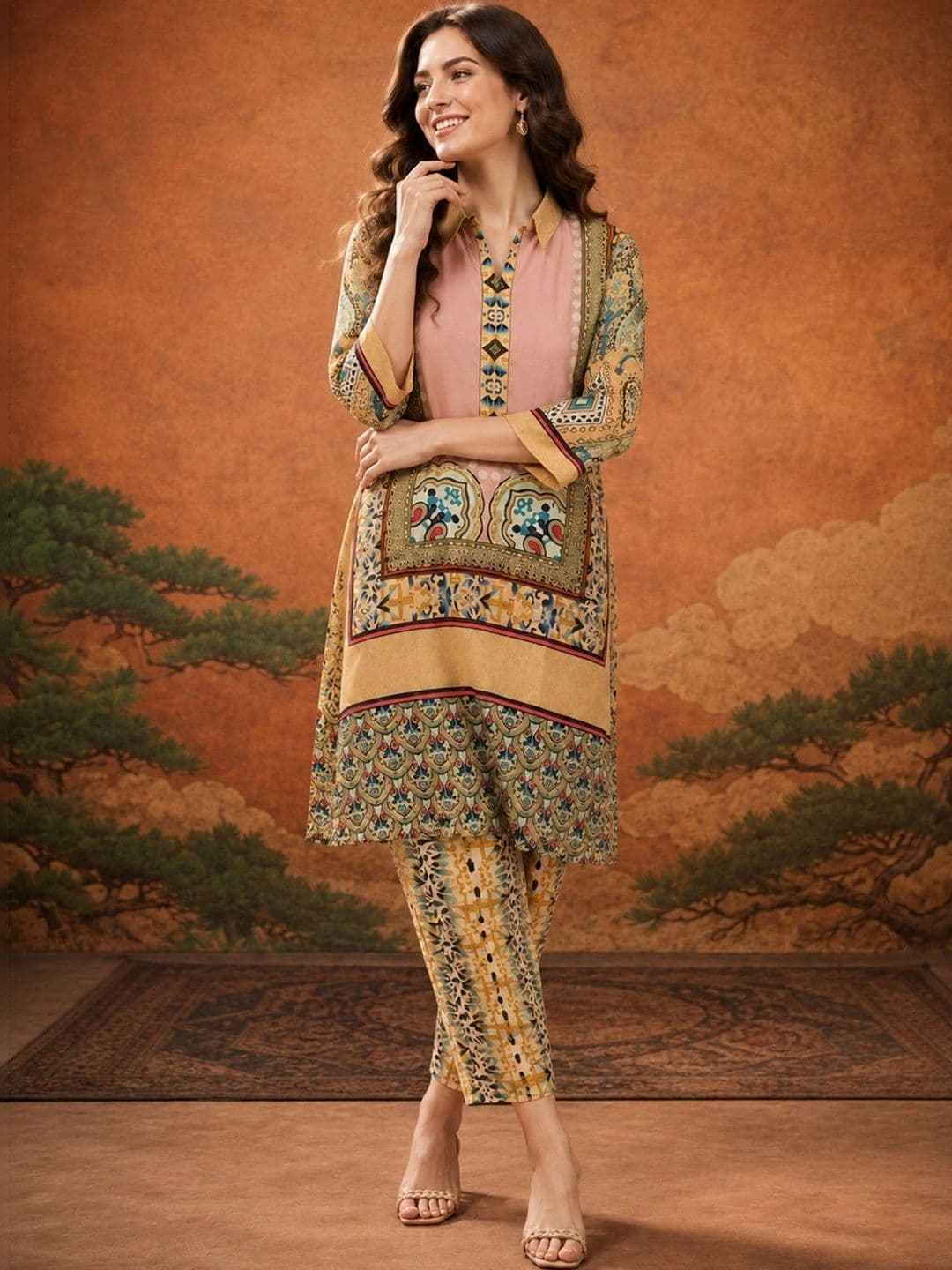 Sangria Bohemian Linen Printed Tunic with Trousers - view 1