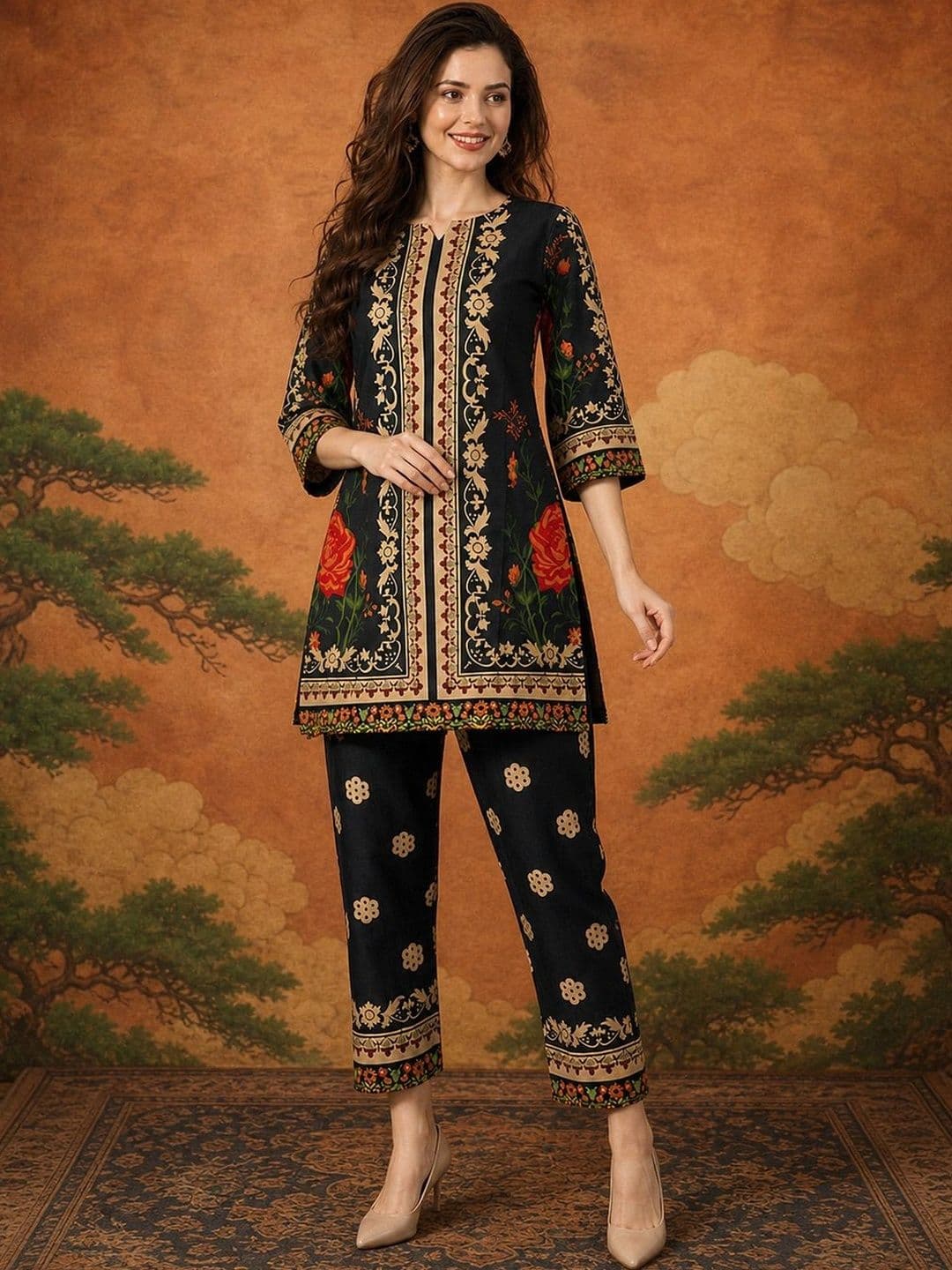 Sangria Bohemian Linen Printed Tunic with Trousers - view 1