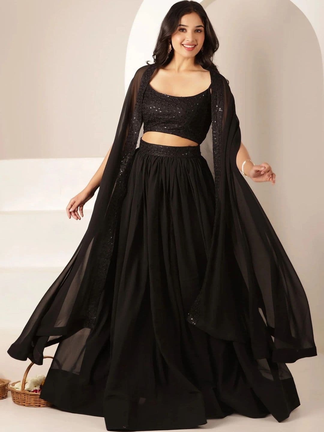 KALINI Embellished Sequinned Semi-Stitched Lehenga & Blouse With Dupatta - view 1