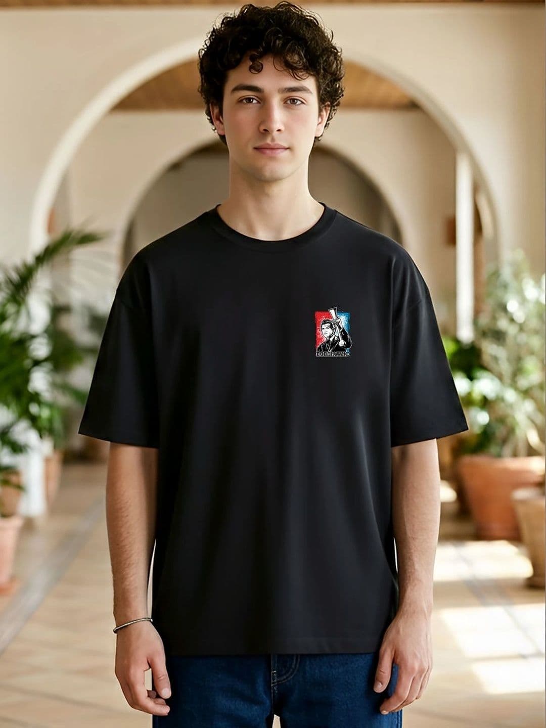 Black Pigeon Black Graphic Printed Oversized T-shirt with Drop-Shoulder Sleeves - view 1