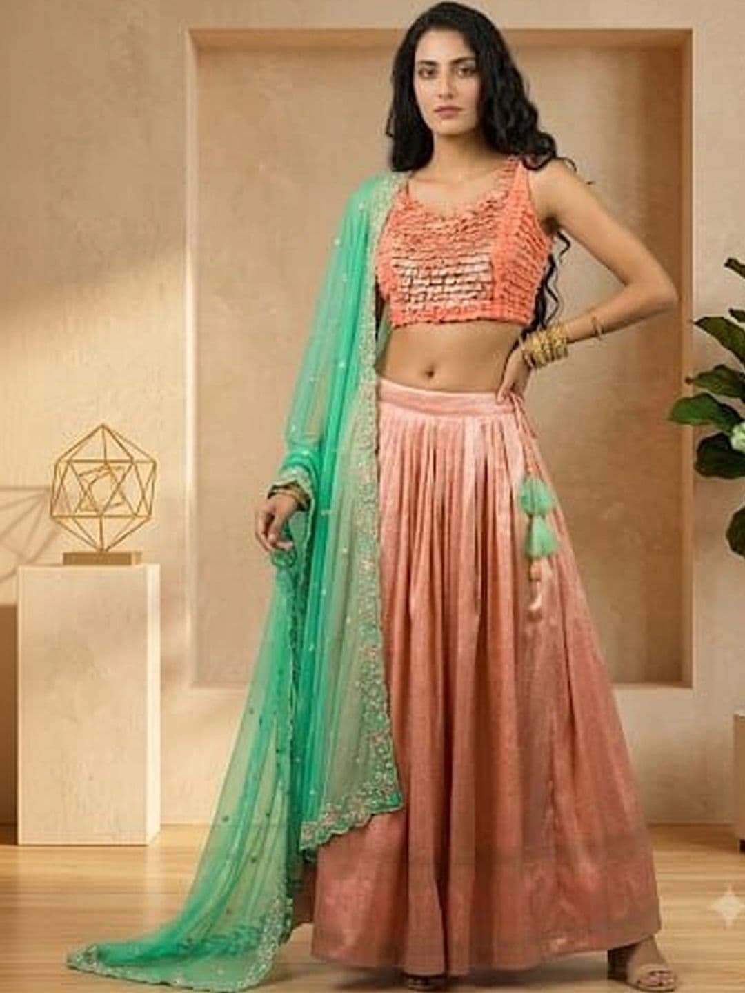 Memsahib Peach Pleated Lehenga Set with Ruffle Blouse & Green Dupatta - view 1