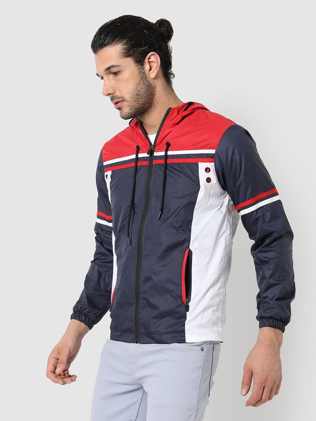 CAHOOT Men Navy Blue & Red Colourblocked Windcheater Outdoor Biker Jacket - view 1