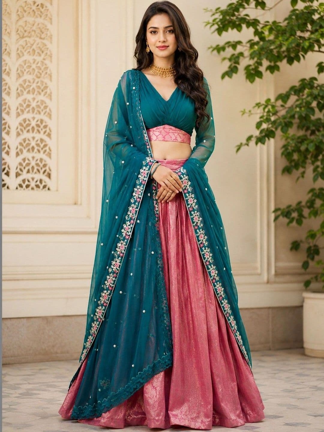 Memsahib Women Brocade Pink Stitched Lehenga Choli with Embroidered Dupatta - view 1