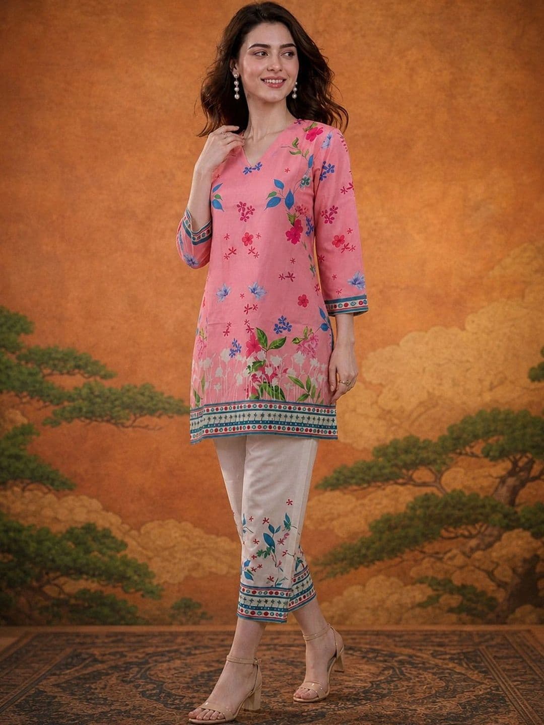 Sangria Floral Linen Printed Tunic with Trousers - view 1
