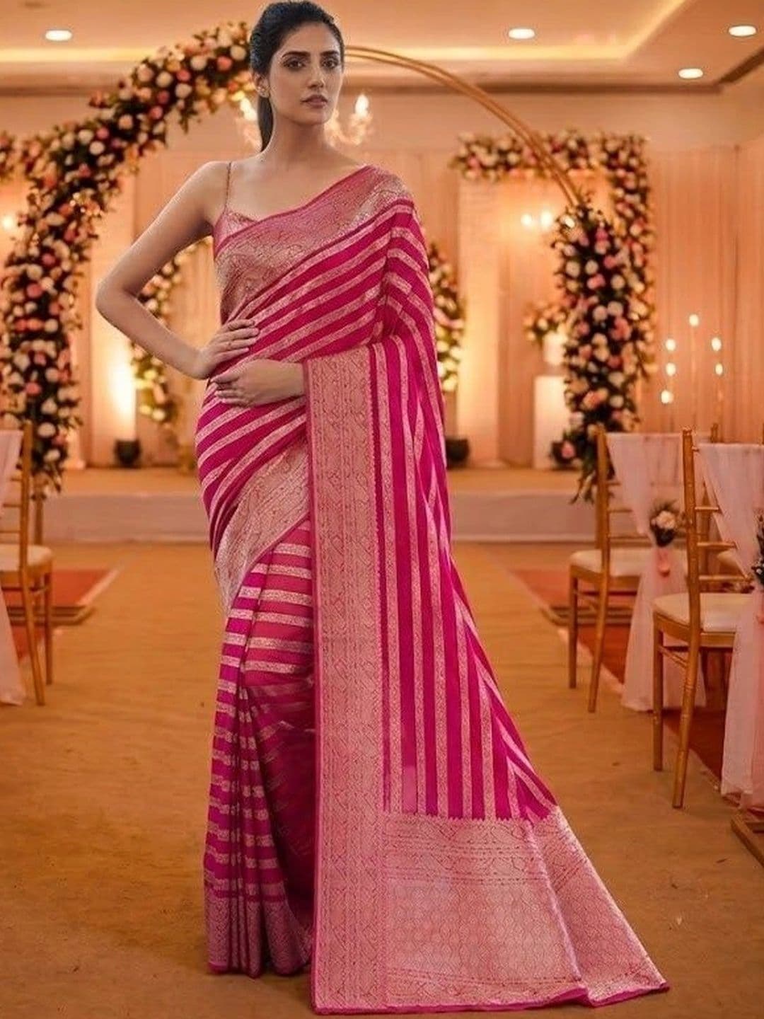AdoreeStitch Striped Zari Pure Silk Banarasi Saree - view 1