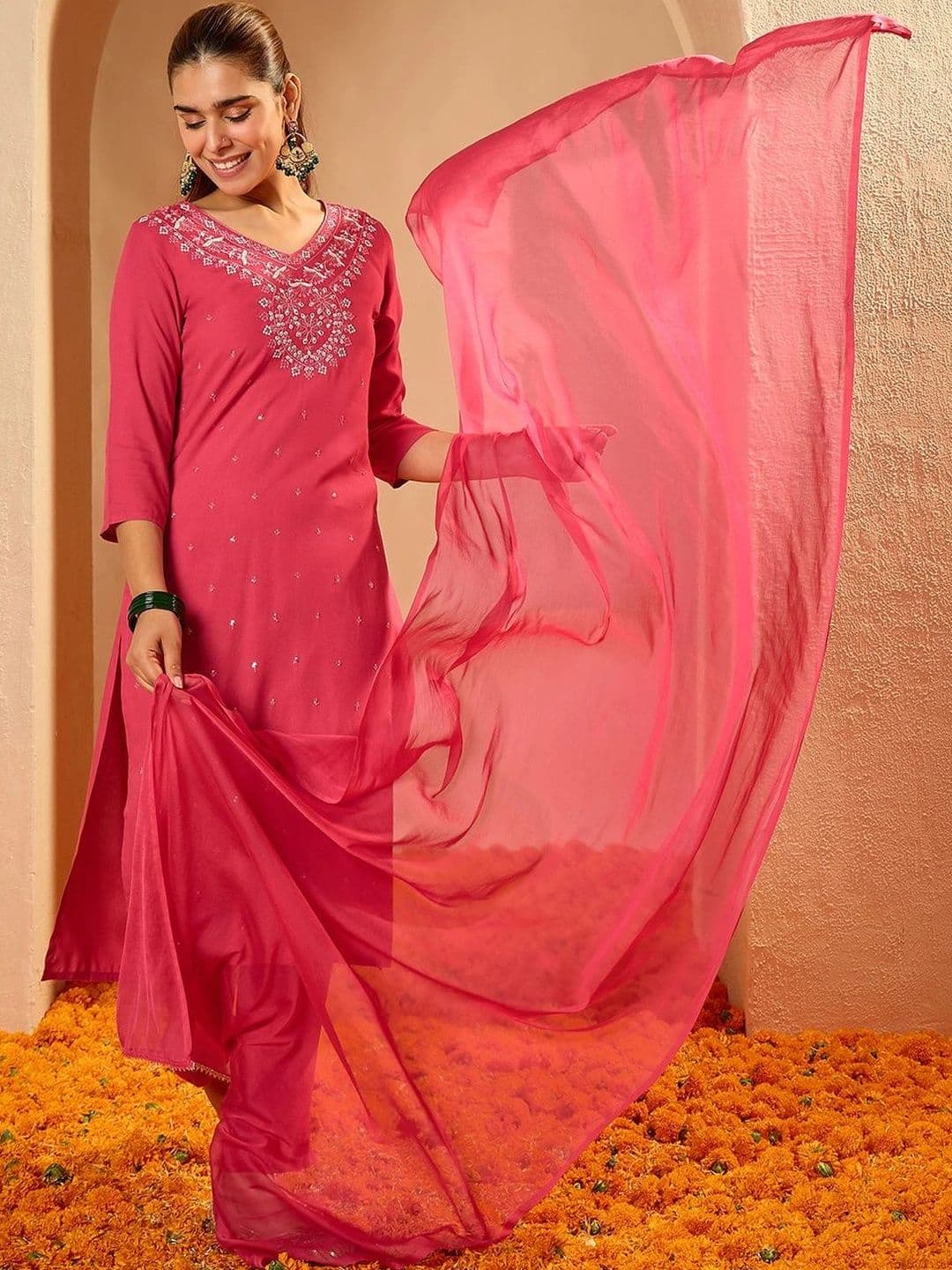 Janasya Women Ethnic Motifs Embroidered Regular Thread Work Kurta with Trousers & With Dupatta - view 1