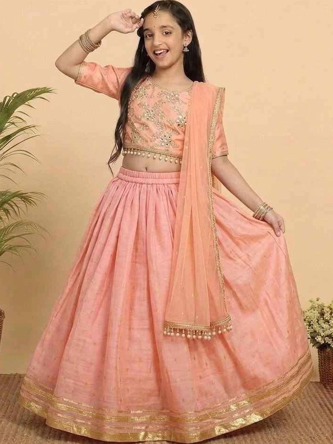 KALINI Girls Embroidered Mirror Work Ready to Wear Lehenga & Blouse With Dupatta - view 1
