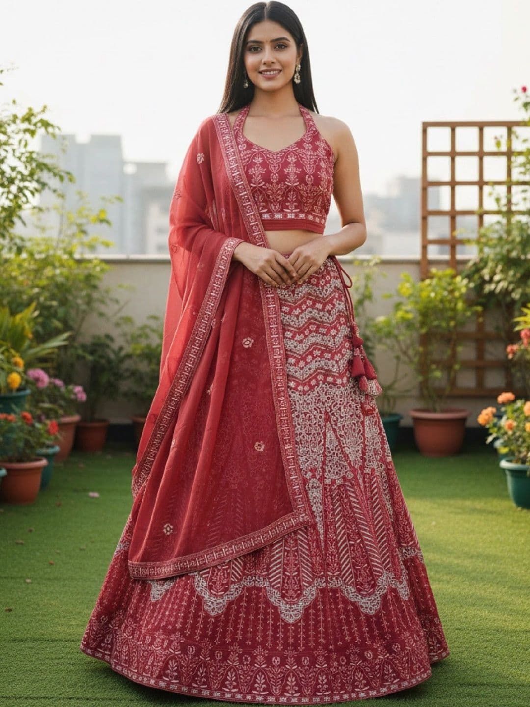 VARNI FABRICS Embroidered Thread Work Semi-Stitched Lehenga & Unstitched Blouse With Dupatta - view 1