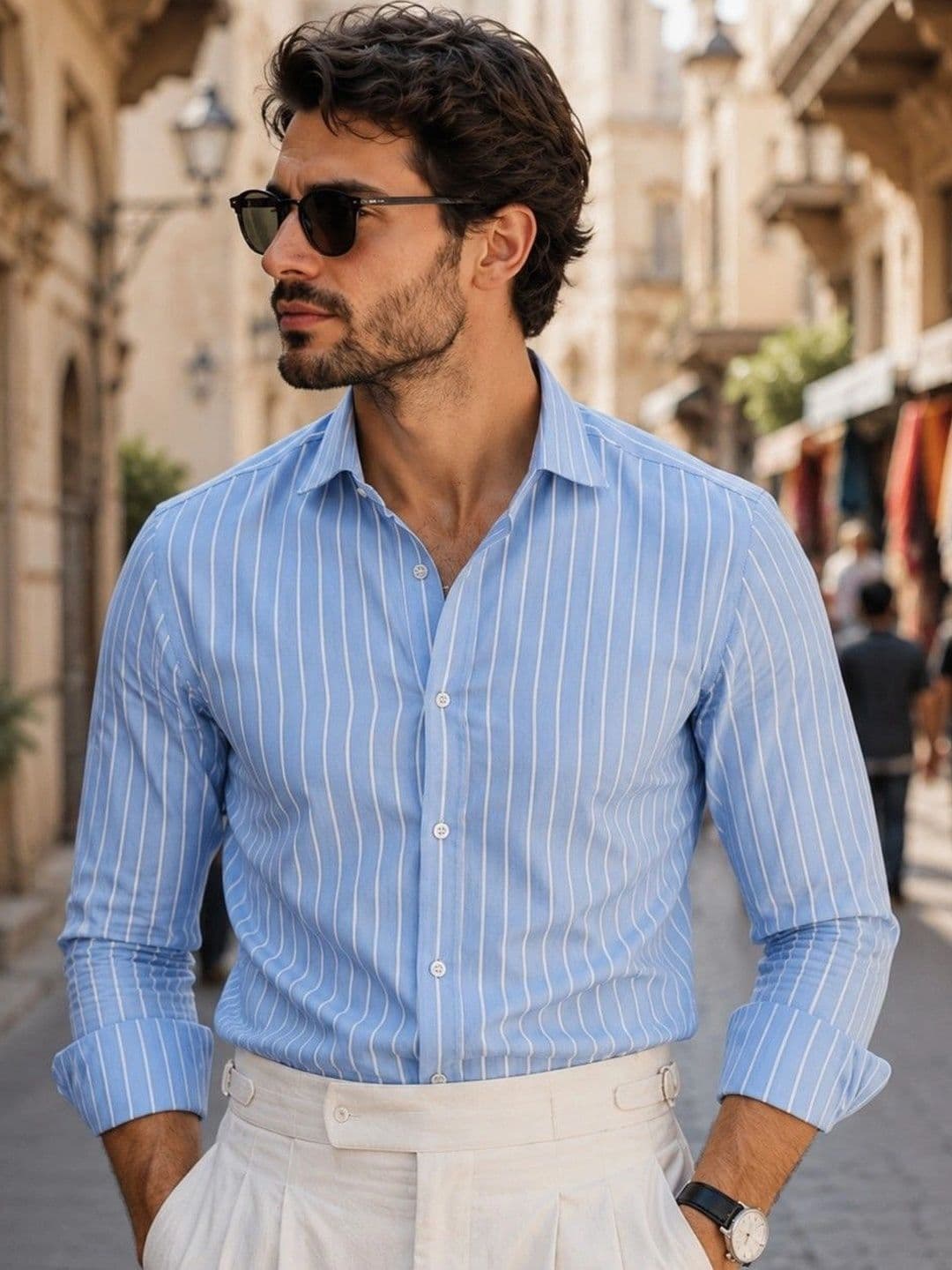 Foomer Men Standard Vertical Striped Spread Collar Cotton Casual Shirt - view 1